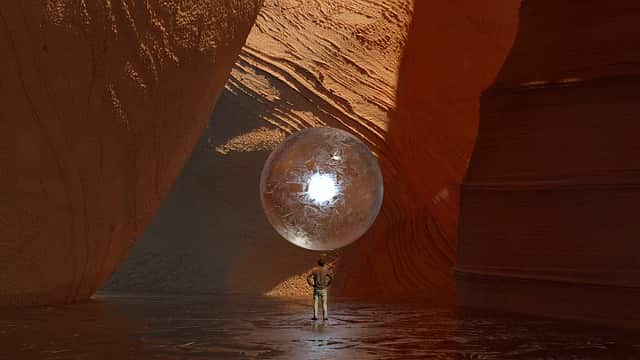 IDHイメージ…デジタルアートな球体を見つめる人